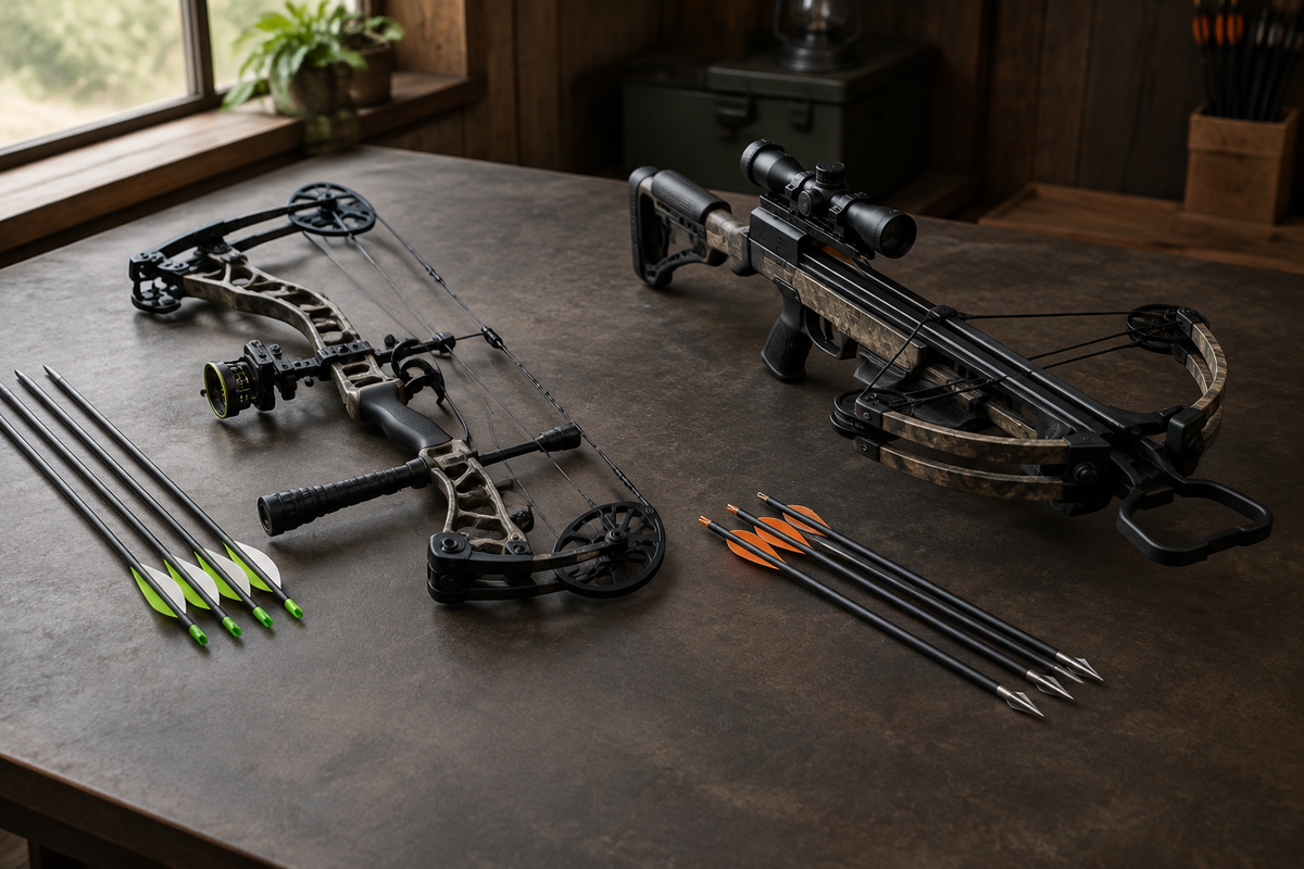 Editorial image of compound bow and crossbow equipment representing Triple T Outdoors' focus on archery